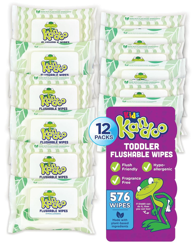 Kandoo Flushable Wipes, 42-count, Hypoallergenic, Unscented, Sensitive Skin Formula, Potty Training Wet Cleansing Cloths, Pack of 12