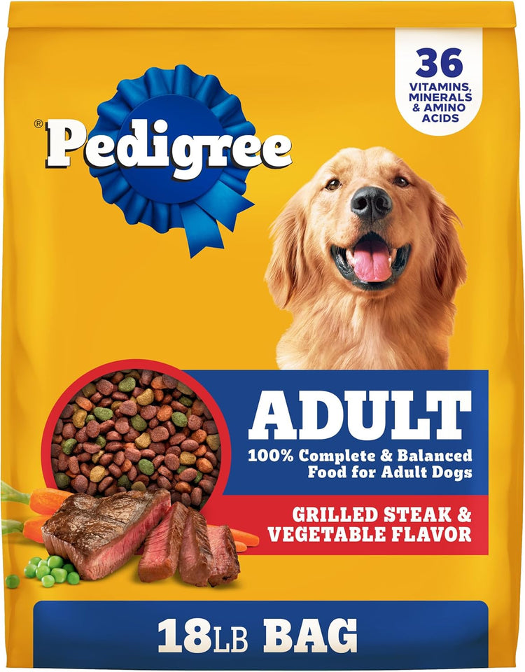 Pedigree Complete Nutrition Adult Dry Dog Food, Steak and Vegetable Flavors, 18 lb Bag, High-Quality Protein and 36 Vitamins