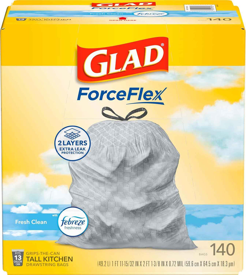 Glad ForceFlex Tall Kitchen Trash Bags, 13 Gallon, Fresh Clean, 140 Count (Package May Vary)