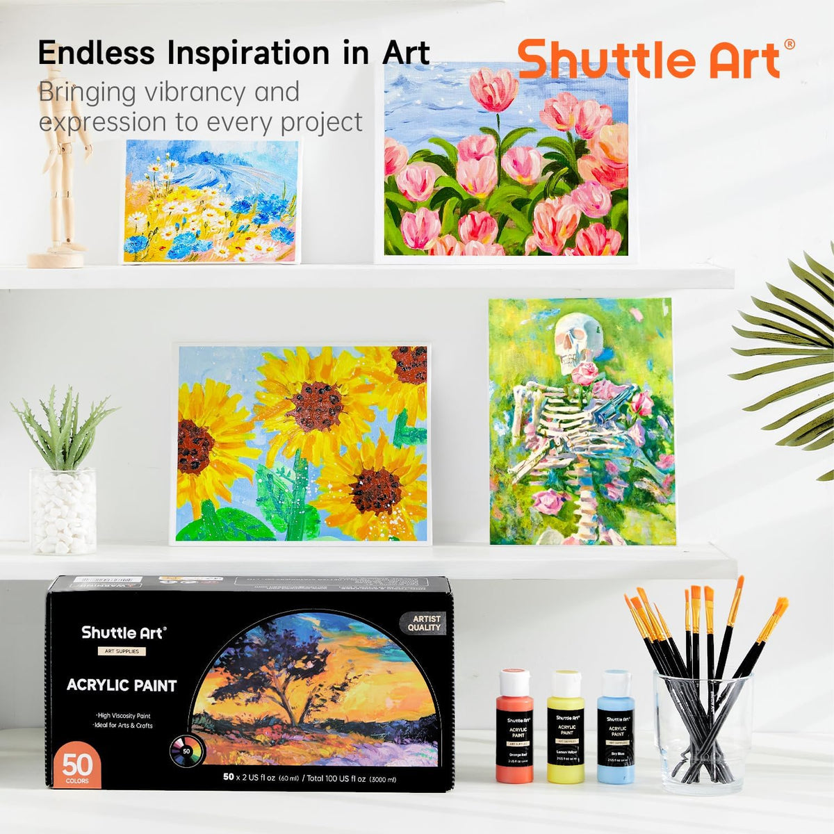 Shuttle Art Acrylic Paint, 50 Colors Acrylic Paint Set, 2oz/60ml Bottles, Rich Pigments, Water Proof, Premium for Artists, Beginners and Kids on Canvas Rocks Wood Ceramic Fabric
