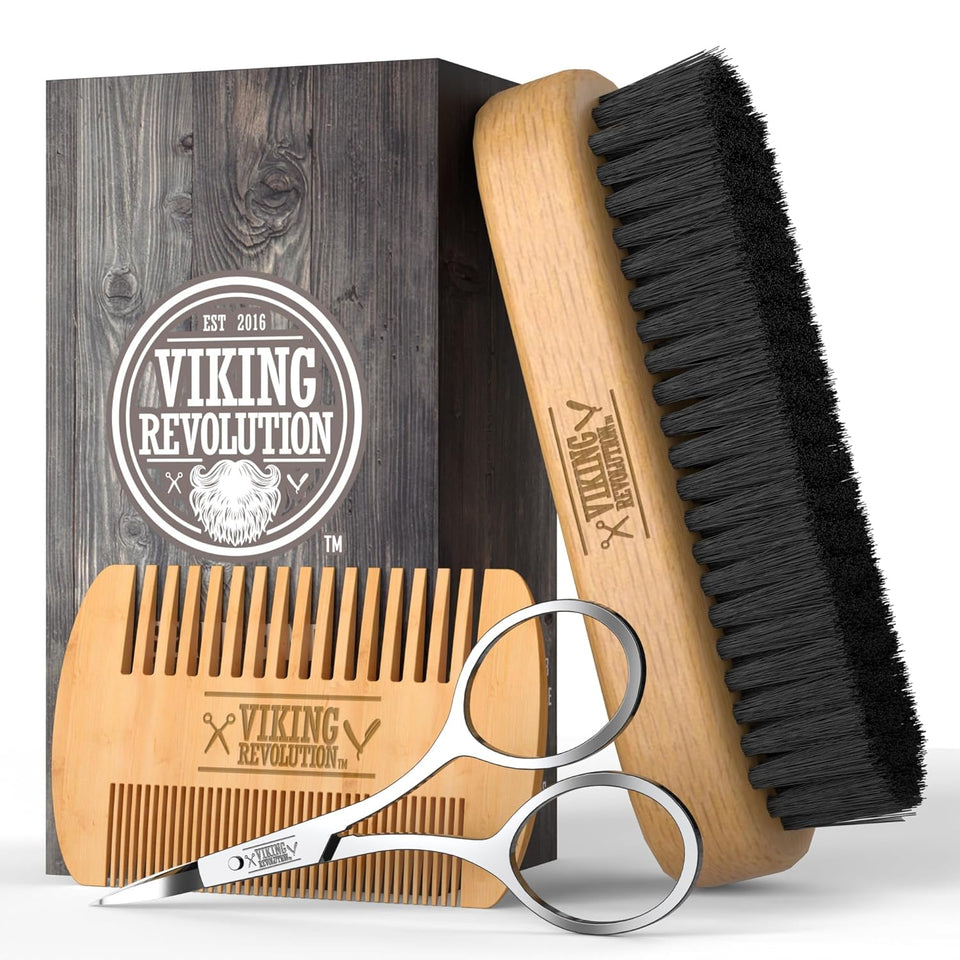 viking revolution natural boar bristle beard brush and pear wood comb set with velvet travel pouch