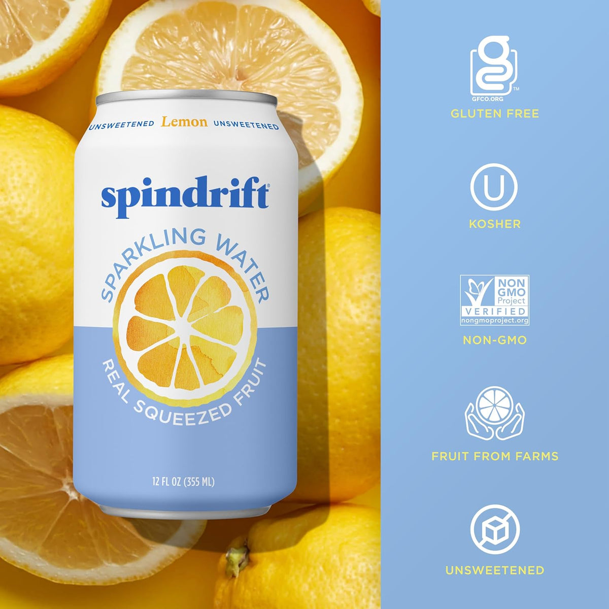 Spindrift Sparkling Water, Lemon Flavored, Made with Real Squeezed Fruit, 12 Fl Oz Cans, Pack of 24 (Only 3 Calories per Can)
