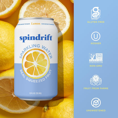 Spindrift Sparkling Water, Lemon Flavored, Made with Real Squeezed Fruit, 12 Fl Oz Cans, Pack of 24 (Only 3 Calories per Can)