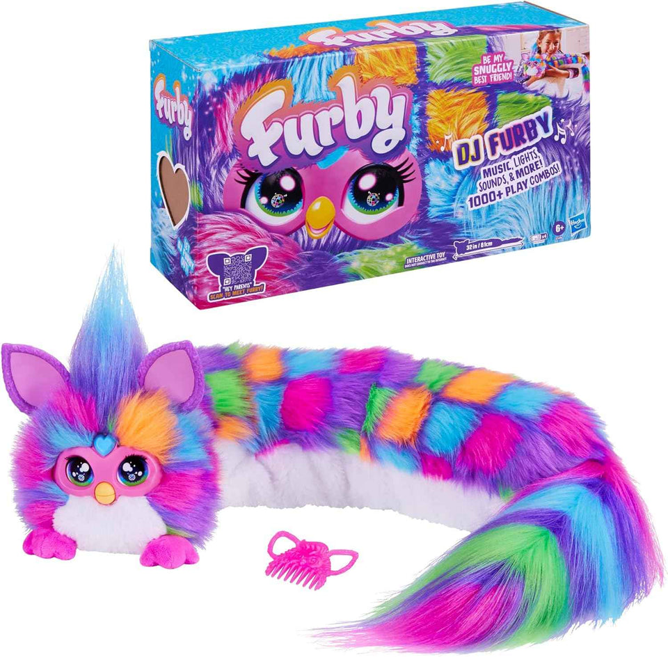 FURBY DJ Interactive Toy, Neon Star, Snuggly Electronic Plush, Music, Lights, Motion, & Games, Speaks English & Furbish, 32 in Long, 6+ Years (Amazon Exclusive)