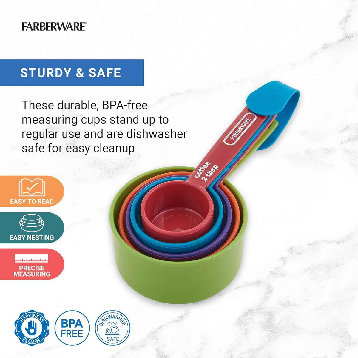 FARBERWARE 5-Piece Measuring Cup Set with Coffee Scoop, Durable Plastic Nesting Measuring Cups with Easy-Read Markings, BPA-Free, Dishwasher Safe