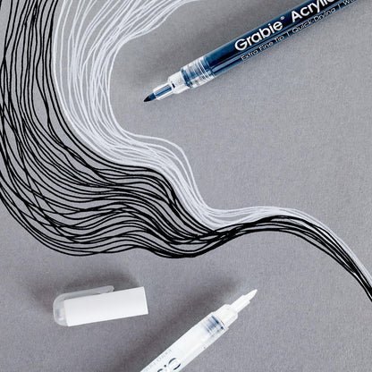 Grabie Black & White Extra Fine Tip Acrylic Paint Marker Set, 6 Pack, 0.7mm Acrylic Paint Pens for Highlights and Fine Details on Drawings, Rock Painting Glass Canvas Wood, White Highlight Markers