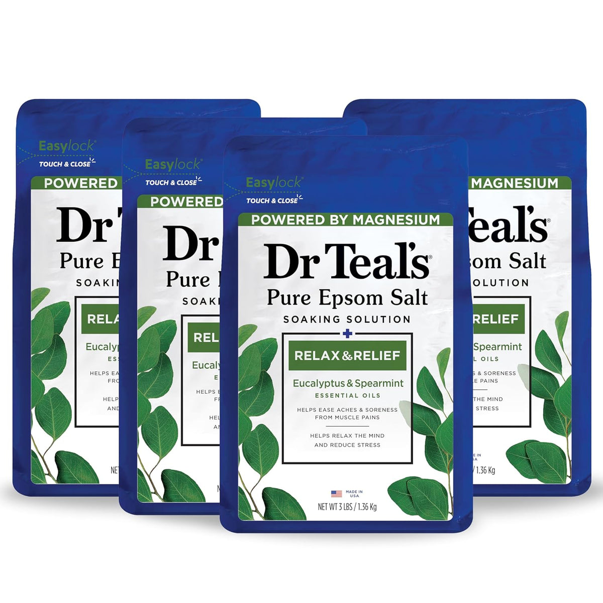 Dr Teal's Pure Epsom Salt, Relax & Relief with Eucalyptus and Spearmint, 3 lb (Pack of 4)
