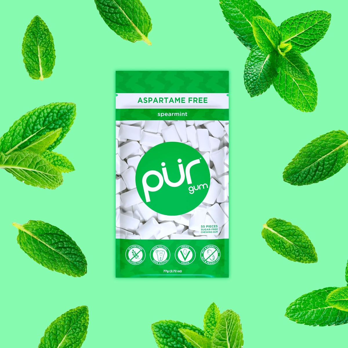 PLR Gum | Aspartame Free Chewing Gum | 100% Xylitol | Natural Spearmint Flavored Gum, 55 Pieces (Pack of 1)
