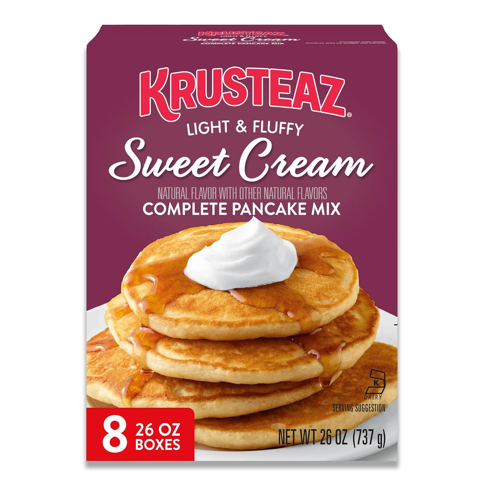krusteaz sweet cream pancake and waffle mix, 26 oz boxes, light and fluffy, 8-count