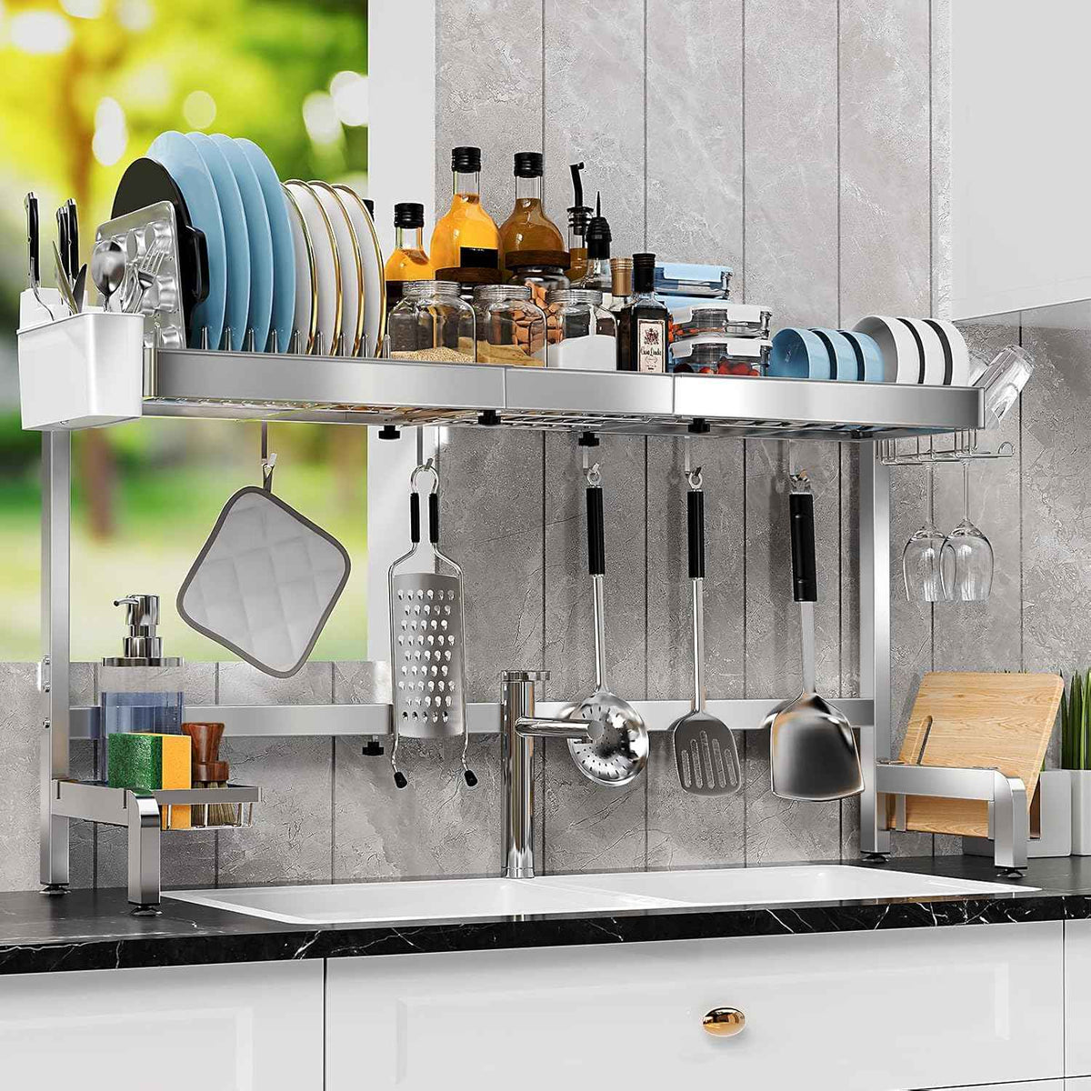 3 Tier Extra Large Over The Sink Dish Drying Rack, Expandable Stainless Steel Dish Drainer with Multifunctional Organizer, Space-Saving Above Sink Dish Rack with Large Capacity for Kitchen Counter