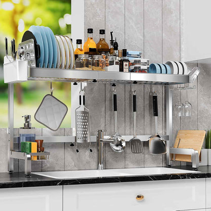 3 Tier Extra Large Over The Sink Dish Drying Rack, Expandable Stainless Steel Dish Drainer with Multifunctional Organizer, Space-Saving Above Sink Dish Rack with Large Capacity for Kitchen Counter