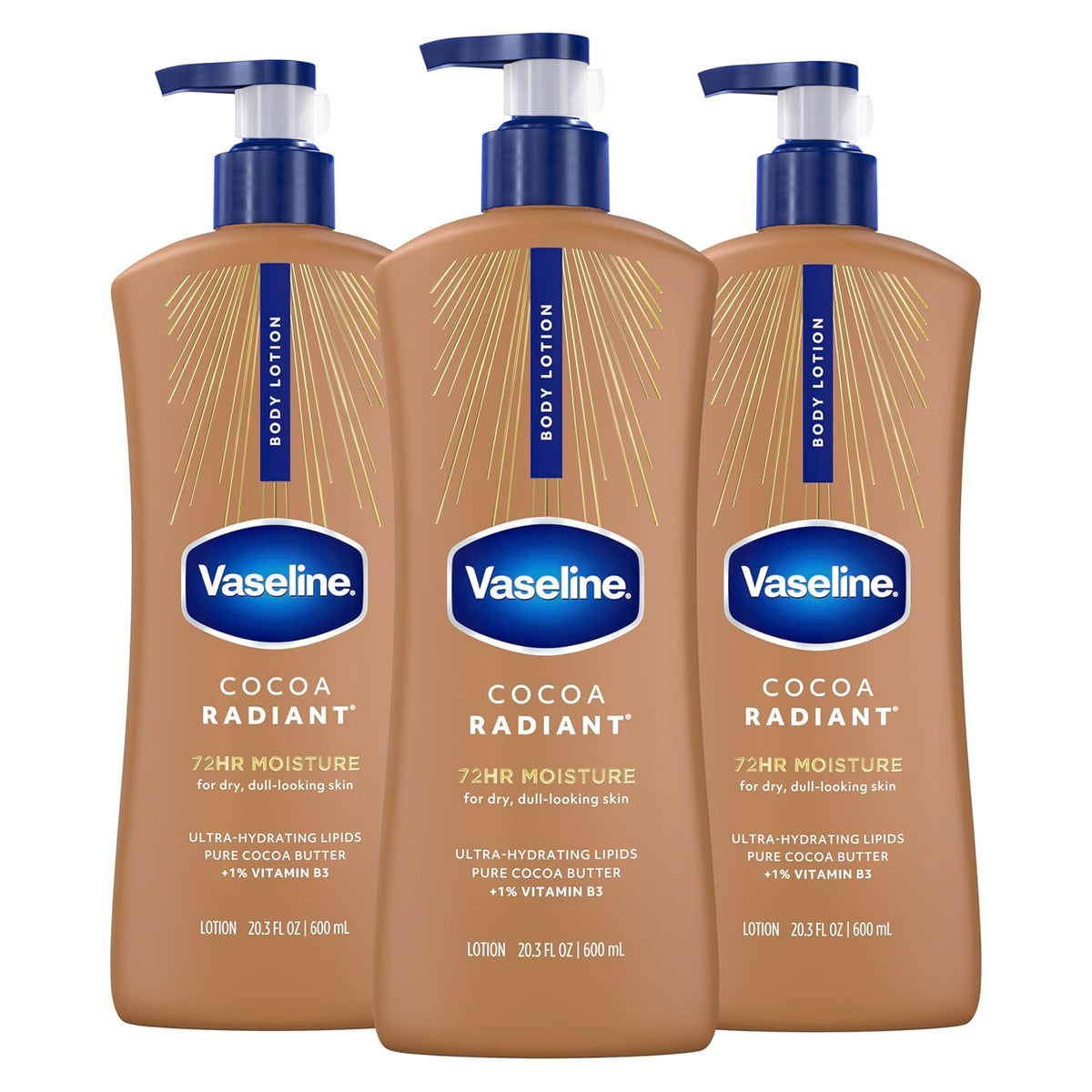 Vaseline Intensive Care Body Lotion Cocoa Radiant 3 count for Dry Skin Lotion Made with Ultra-Hydrating Lipids and PLre Cocoa Butter for a Long-Lasting, Radiant Glow 20.3 Oz
