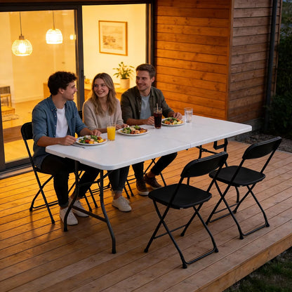 Folding Table 6ft - Heavy Duty Plastic Table with Handle, Foldable & Portable, Fold-in-Half Utility Tables for Outdoor, Dining, Wedding, Events, Indoor, Picnic, Camping, Party (White)