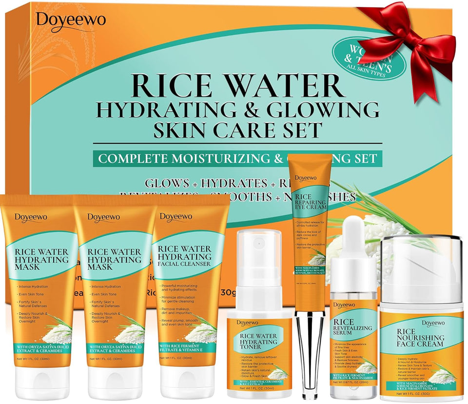 Doyeewo 6-piece women's glass skincare set with Korean rice extract, hydrate glow repair anti-aging facial routine kit for normal, dry, oily, combination skin types