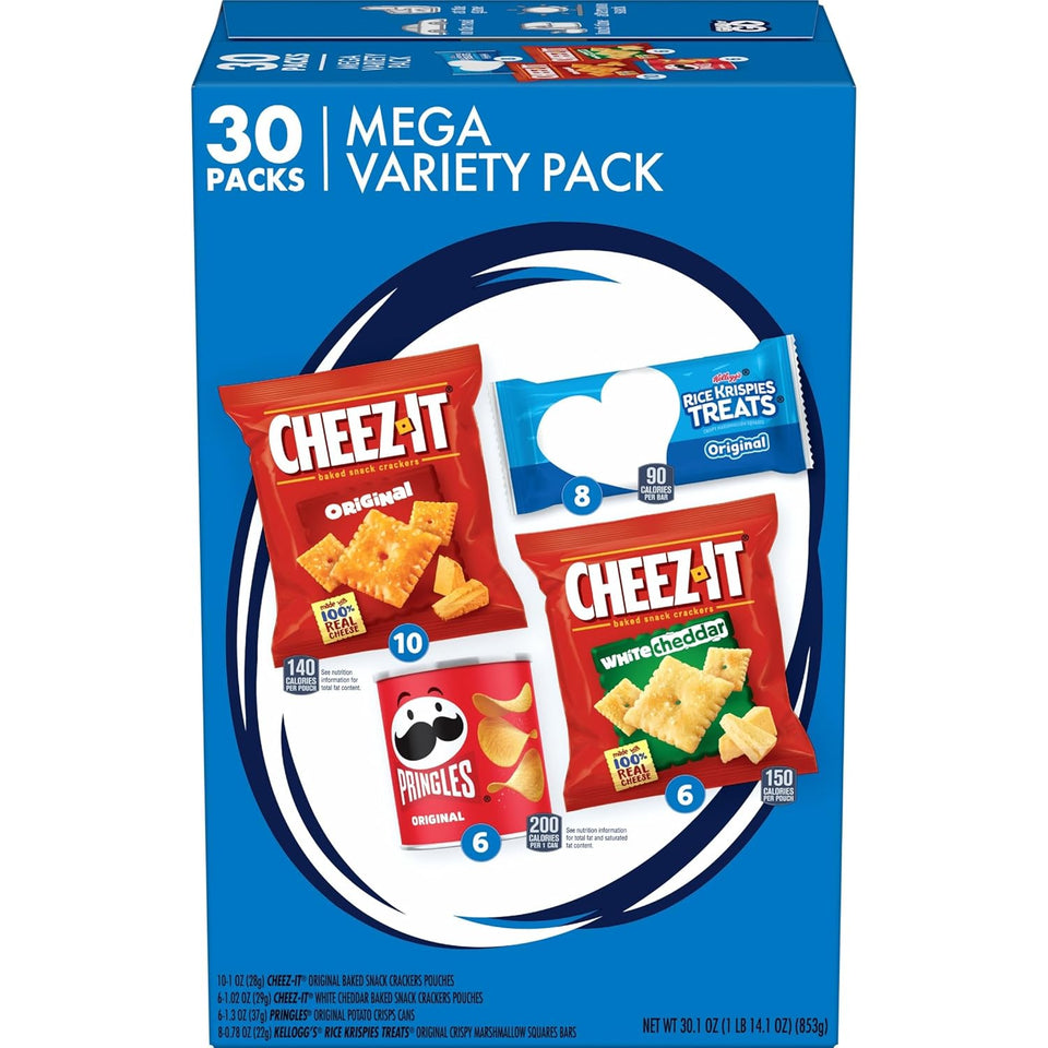 Kellogg's Cheez-It, Pringles & Rice Krispies Treats Snacks Mega Variety Pack, 30.1oz Box, 30 Count, Assorted Flavors