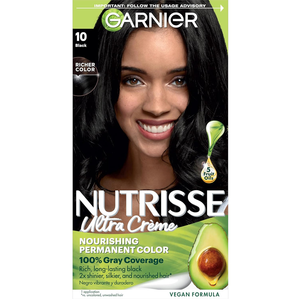 Garnier Nutrisse Ultra Crème Hair Color, Permanent Hair Dye with 100% Gray Coverage, Vegan & Cruelty-Free, 10 Black (Licorice), 1 Count