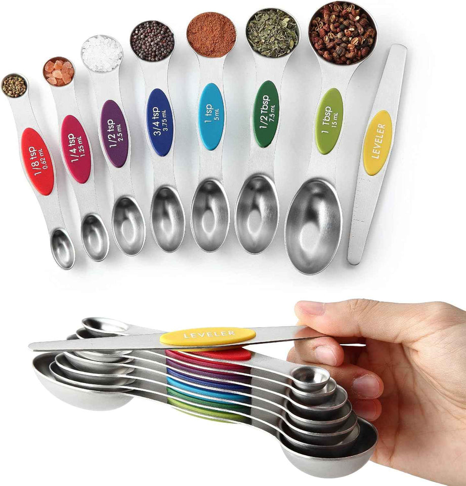 Spring Chef Stainless Steel Magnetic Measuring Spoons Set with Strong N45 Magnets, Heavy Duty Metal Kitchen Gadgets for Baking & Cooking, Fits in Most Kitchen Spice Jars, Set of 8 with Leveler, Black