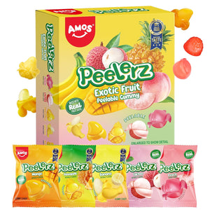 AMOS Peelerz Exotic Fruit Peelable Gummy Candy – 5 Fruit Flavors (Mango, Peach, Banana, Pineapple, Lychee), 8.47oz (240g), Individually Wrapped