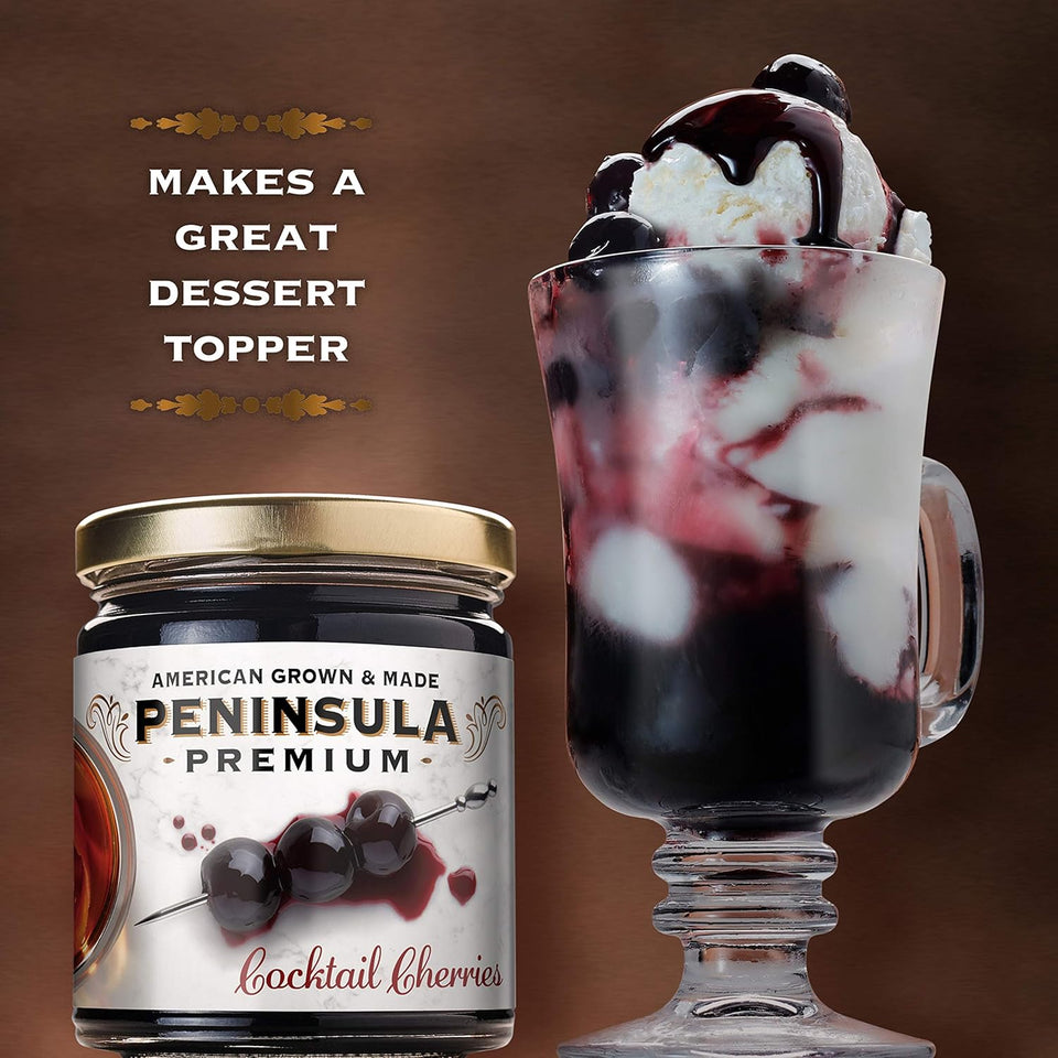 peninsula premium cocktail cherries deep burgundy-red silky smooth rich syrup gourmet american grown made 10.5 ounce
