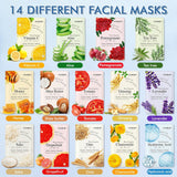 14 pack sheet face masks for dry skin, hydrating bulk facial mask set for women's skincare, gift face spa