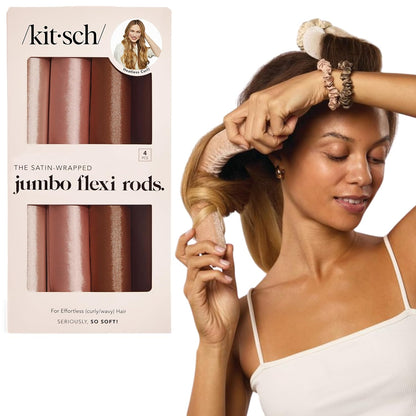 Kitsch Satin Hair Curlers, Heatless Curling Rod - Jumbo Flexi Rod, Heatless Hair Curler - Hair Curlers to Sleep In - No Heat Overnight Curls - For All Hair Types and Texture - 4pcs Rosewood