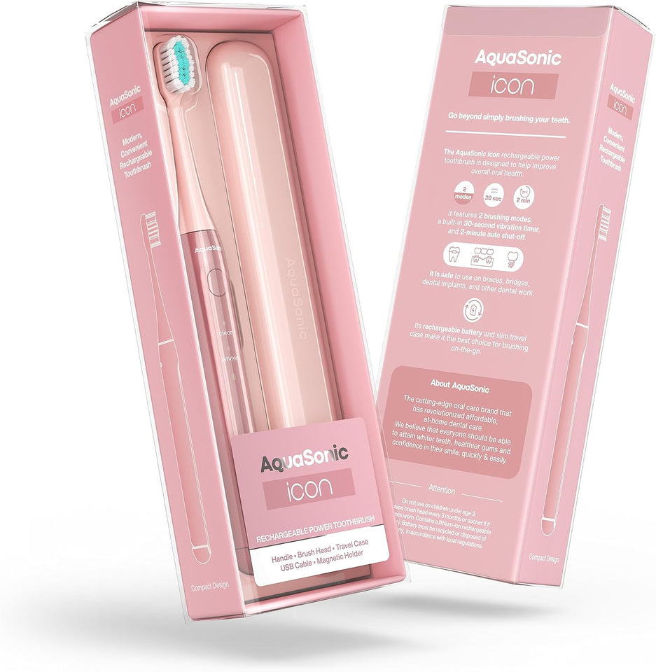 Aquasonic Icon ADA-Accepted Rechargeable Toothbrush with Magnetic Holder & Slim Travel Case | 2 Modes & Smart Timers | Gentle Micro-Vibrations
