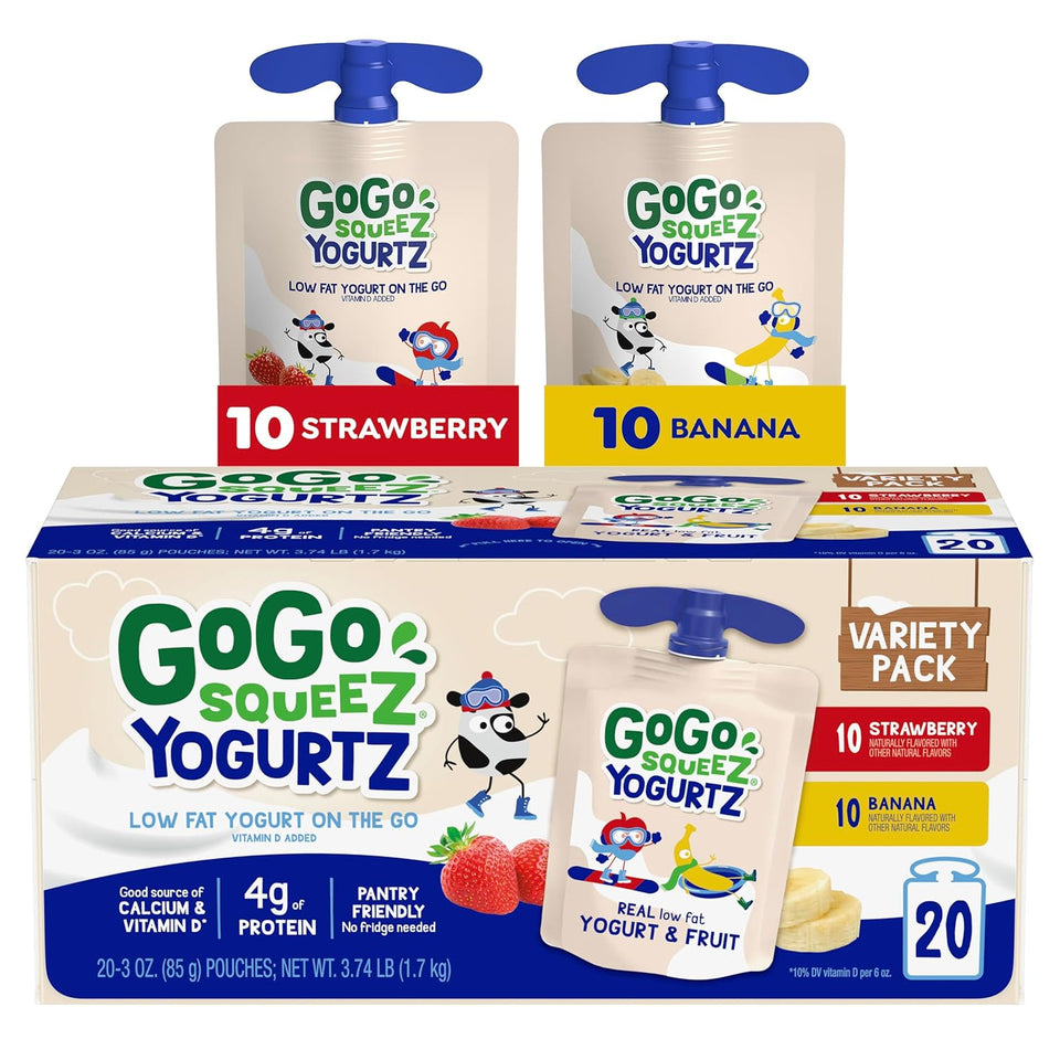 gogo squeeZ yogurtZ variety pack, strawberry & banana, 3oz, pack of 20, kids snacks, gluten free, nut free, recloseable cap, bpa free pouches