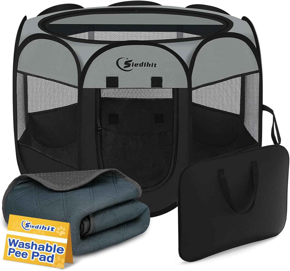 Dog Cat Playpen, Puppy Pet Playpen Indoor for Small Dogs Tent Crates Cage Outdoor, Portable Pop Up Dog Kennel Playpen with Carrying Case for Dogs/Cats/Rabbits, Removable Zipper Top, Grey