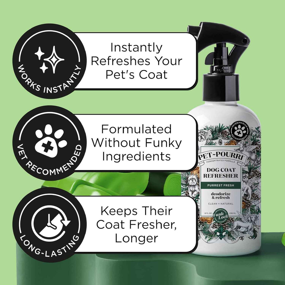 Poo-Pourri Furrest Fresh Dog Deodorizing Spray, 8 Fl Oz Grooming Perfume for Dog Coat, Pet Odor Neutralizer with Essential Oils, Vet Recommended, Paraben & Sulfate-Free Fir, Amber, & Cedarwood Scent