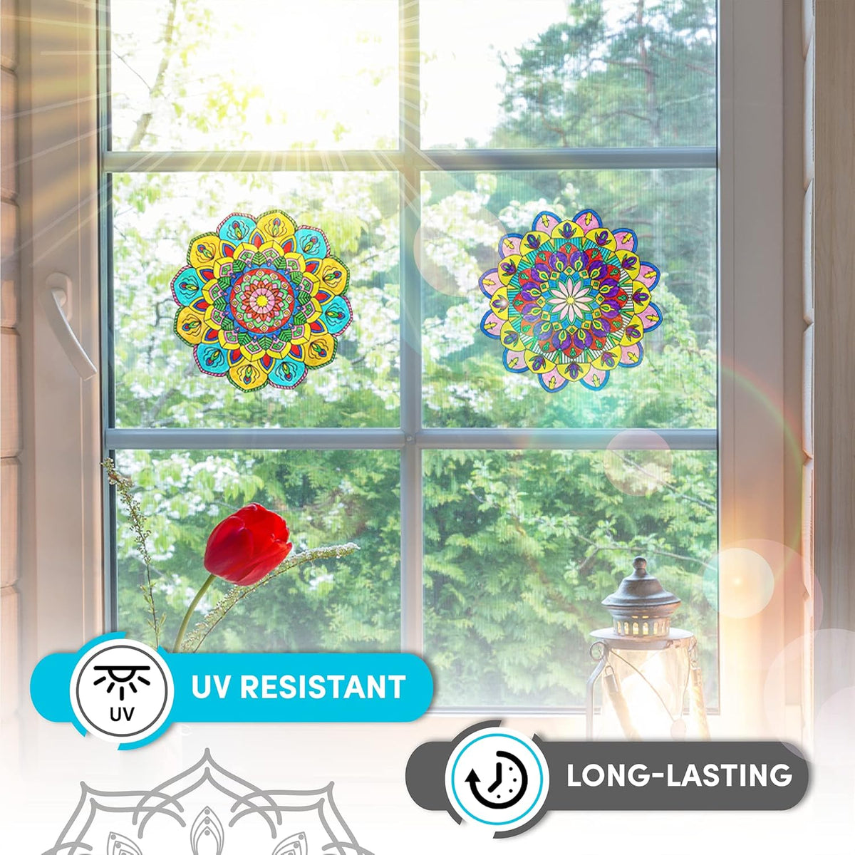 Hula Home Stained Glass Mandala Art Kit - DIY Window Clings with Markers, 10 Suncatchers - Perfect Hobby for Adults, Kids, Teens & Seniors - Ideal Gift for Beginners, Women & Elderly