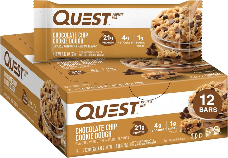 quest nutrition chocolate chip cookie dough protein bars 21g protein 1g sugar 4g net carb gluten free 12 count