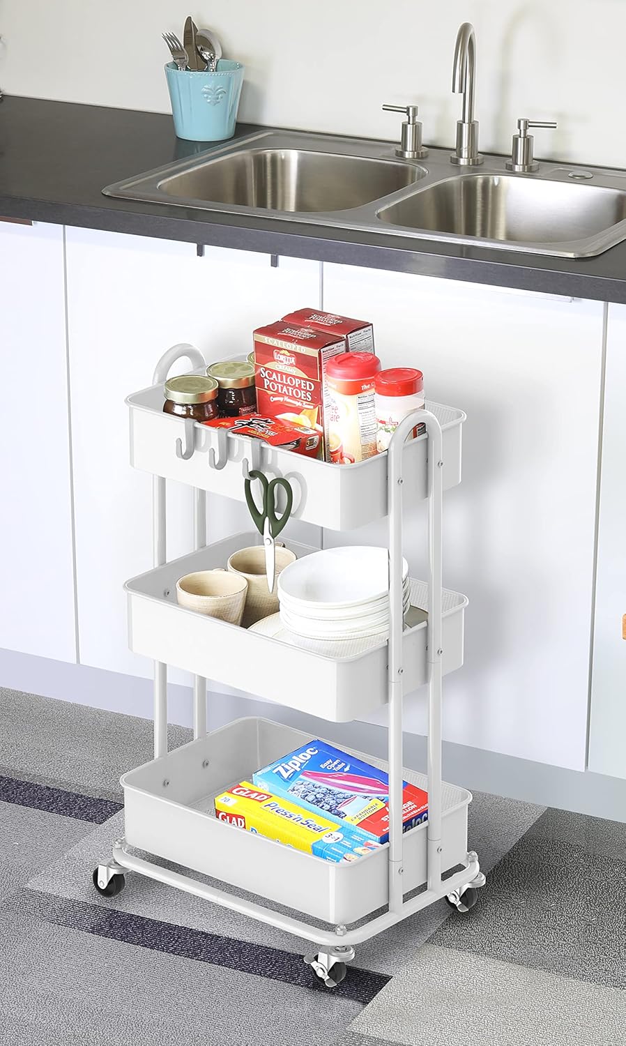 Simple Houseware 3-Tier Heavy Duty Metal Utility Rolling Cart, White