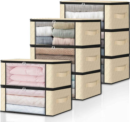 HomeHacks Storage 3-Pack Clothes Organizer Storage Bags Foldable Storage Box with Large Clear Window Sturdy Handles for Closet, Dorm, Pillows, Bedding, Clothes, Blankets, 35L, Gray