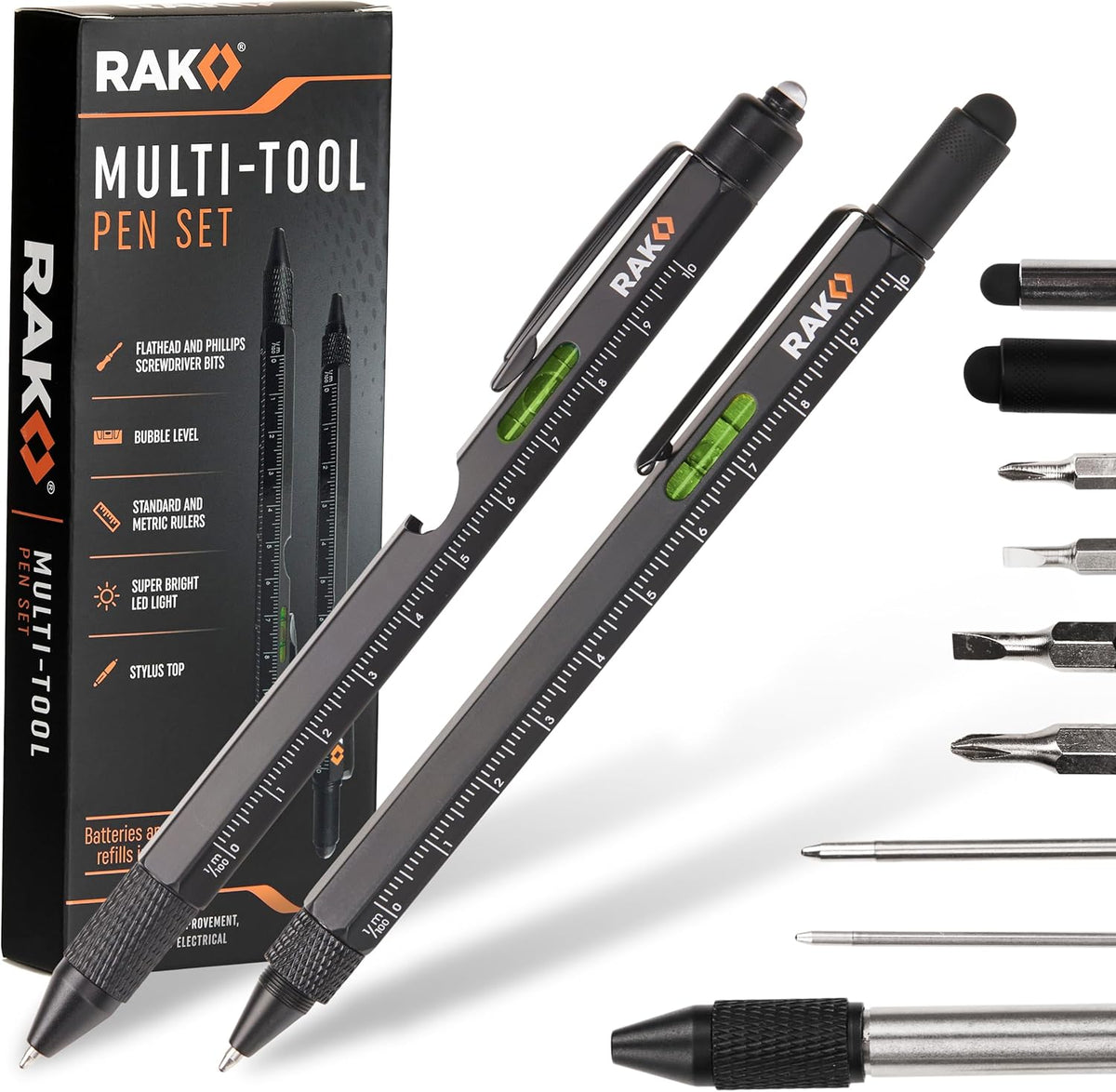 RAK Multitool Pen Gifts for Men, 2-Pack 11 in 1 Multitool Pen Set, Tech Cool Gadgets Stocking Stuffer Holiday Gifts for Dad, Husband, Grandpa, Him, EDC Tactical Pen Tool, Gift-Ready Box