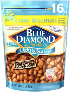 blue diamond lightly salted almonds, 16 oz resealable bag, low sodium snack nuts