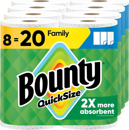 Bounty Quick Size Paper Towels, White, 8 Family Rolls = 20 Regular Rolls (Packaging May Vary)