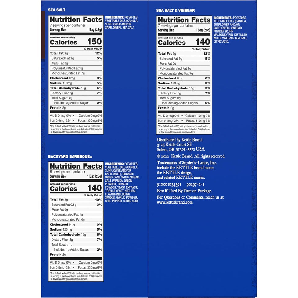 Kettle Brand 1 Oz, 20 Ct Potato Chips Variety Pack with Sea Salt, Vinegar, and BBQ