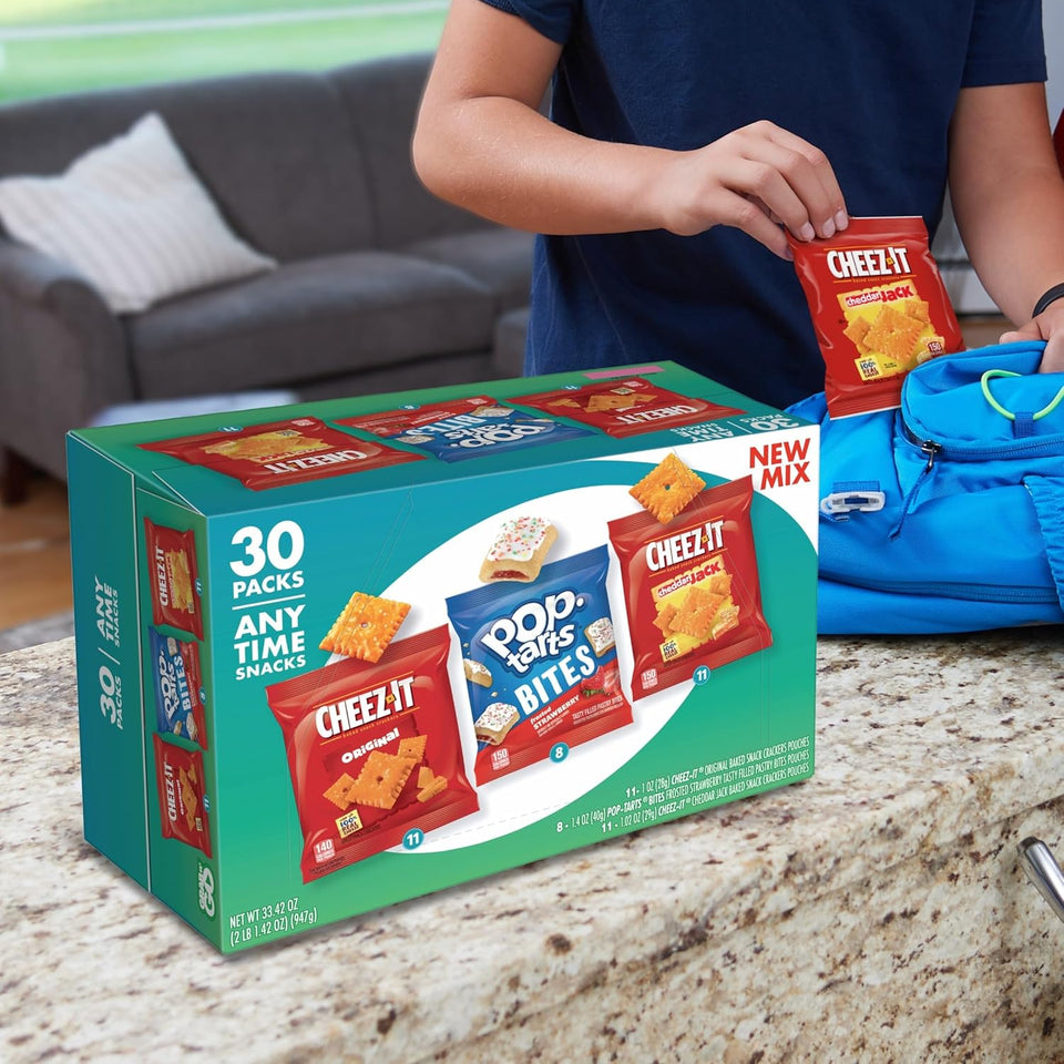 Cheez-It and Pop-Tarts snacks variety pack, 30 count, 33.42oz box, wheat, milk, and soy ingredients