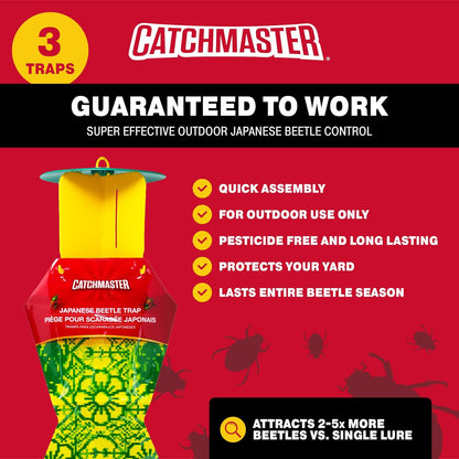 Catchmaster Japanese Beetle Traps Outdoor 3PK, Flying Insect Trap Bag with Lid & Dual Pheromone Food Lure, Hanging Bug Catcher Pest Control for Backyard & Garden, Plants, Trees, Vegetables & Flowers