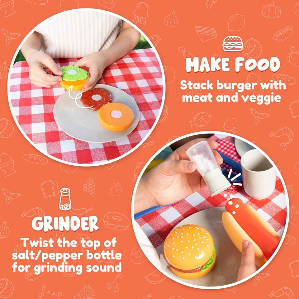 JOYIN 34 PCS Kitchen Toy Set, BBQ Play Grill, Cooking Toy Set, Little Chef Play, Kids Grill Playset Interactive BBQ for Kids with Light & Sound, Christmas Birthday Gift for 2 3 4 Year Old Boys Girls