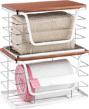 ALOCEO 2 Pack Storage Stackable Kitchen Laundry Organizers with Bamboo Top, Large Trash Bag Holder and Small Garbage Bag Dispenser for Countertop Organization
