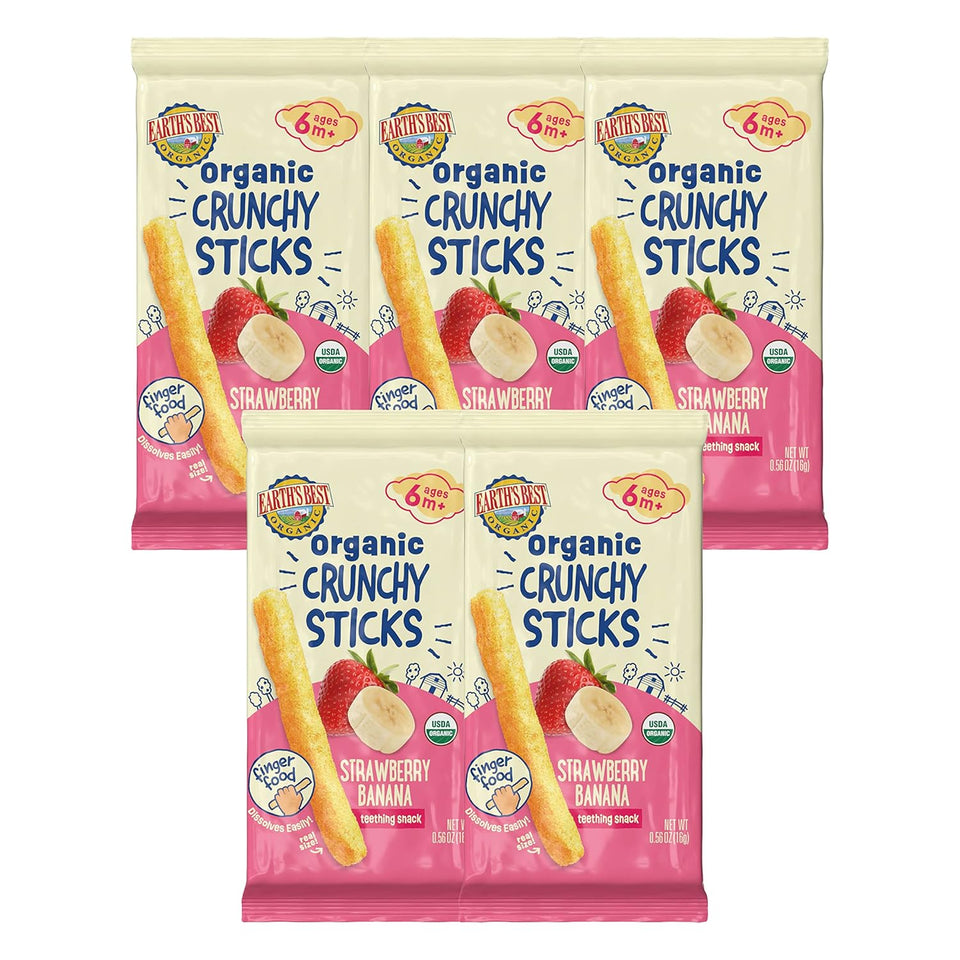 Earth's Best Organic Baby Food - Teething Snack for Babies 6 Months and Older - Strawberry Banana Crunchy Sticks, 5 Pack (.56 oz each)