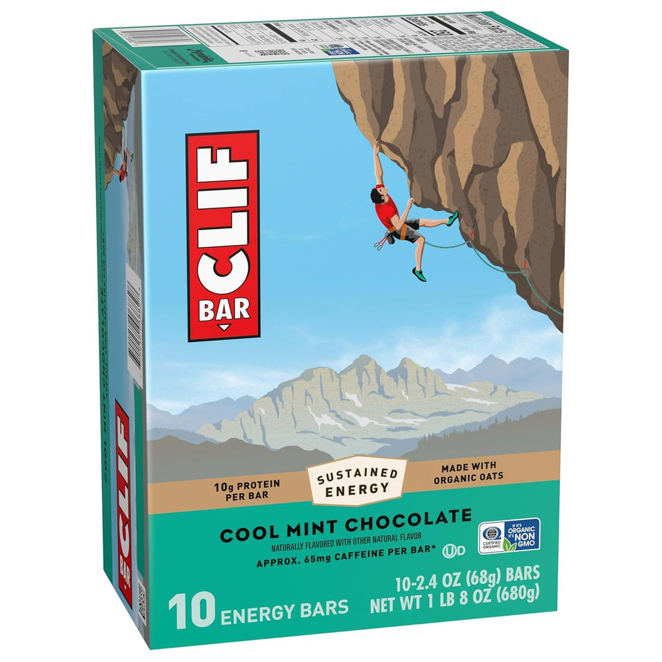 clif bar cool mint chocolate energy bars with caffeine 10-pack organic oats non-gmo