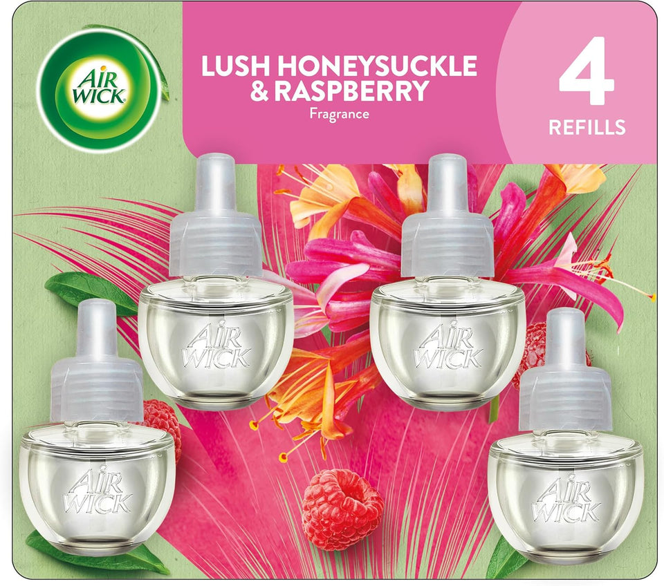 Air Wick plug in scented oil refill, honeysuckle & raspberry, 4 count, essential oils