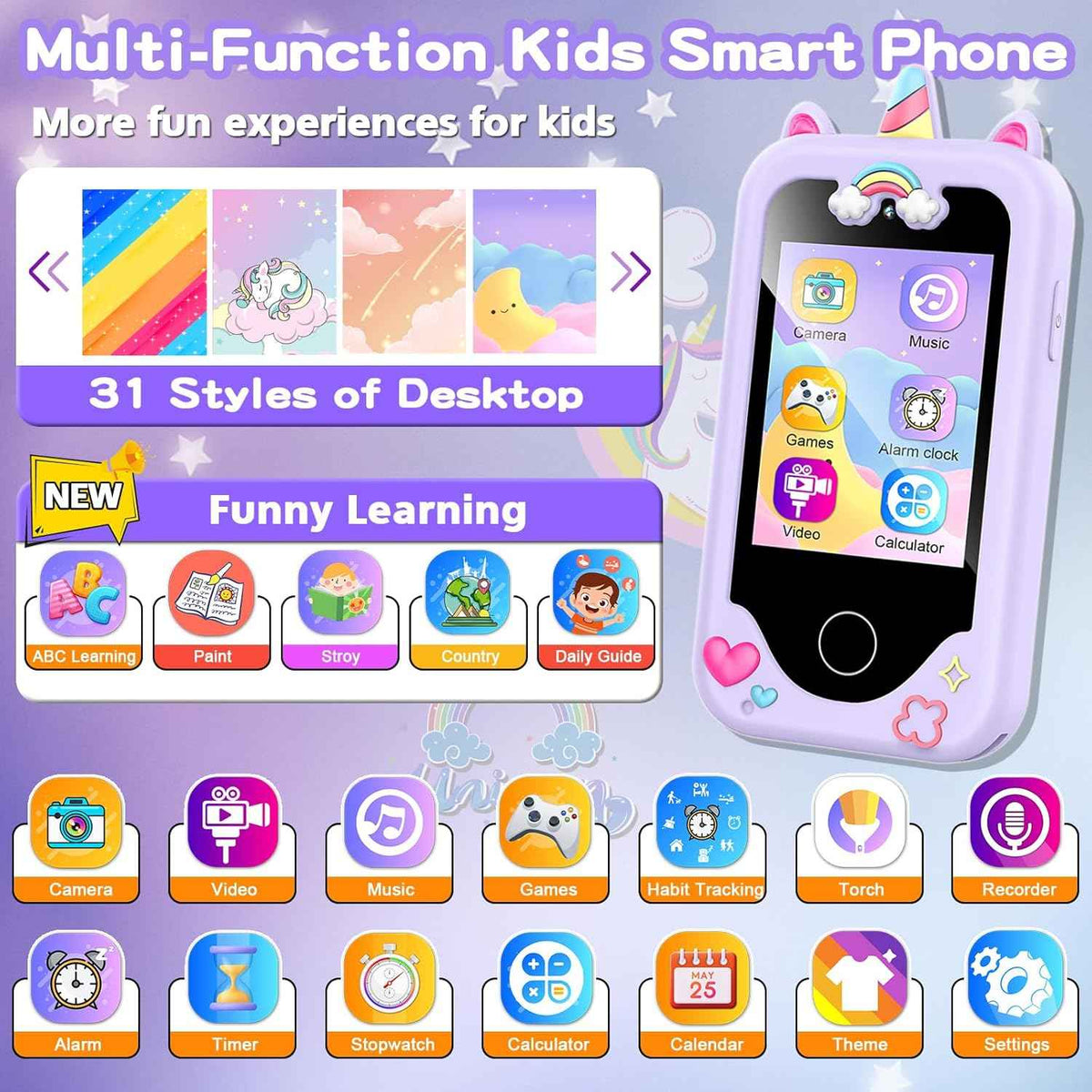 Purple 2.8" touchscreen kids phone for 3-10 year old girls, dual camera, music player, and learning games