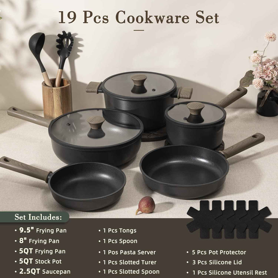 Astercook Non Stick Pots and Pans Set, Healthy Non-Toxic Titanium Induction Kitchen Cookware Sets for Cooking with Frying Pans, PFAS/PTFE/PFOA & PFOS Free, Black, 19 Pcs