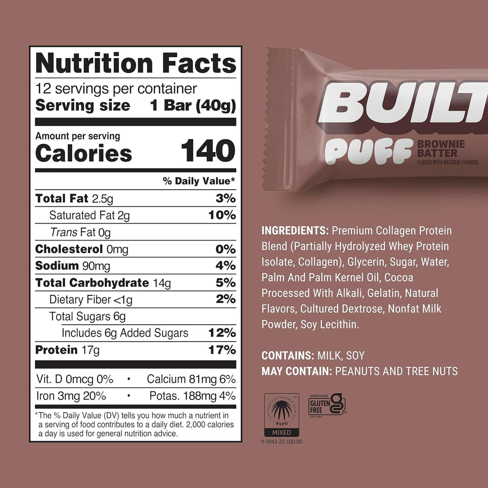 Built Bar, Brownie Batter Puff, 17g protein, 140 calories, gluten-free, 12 count