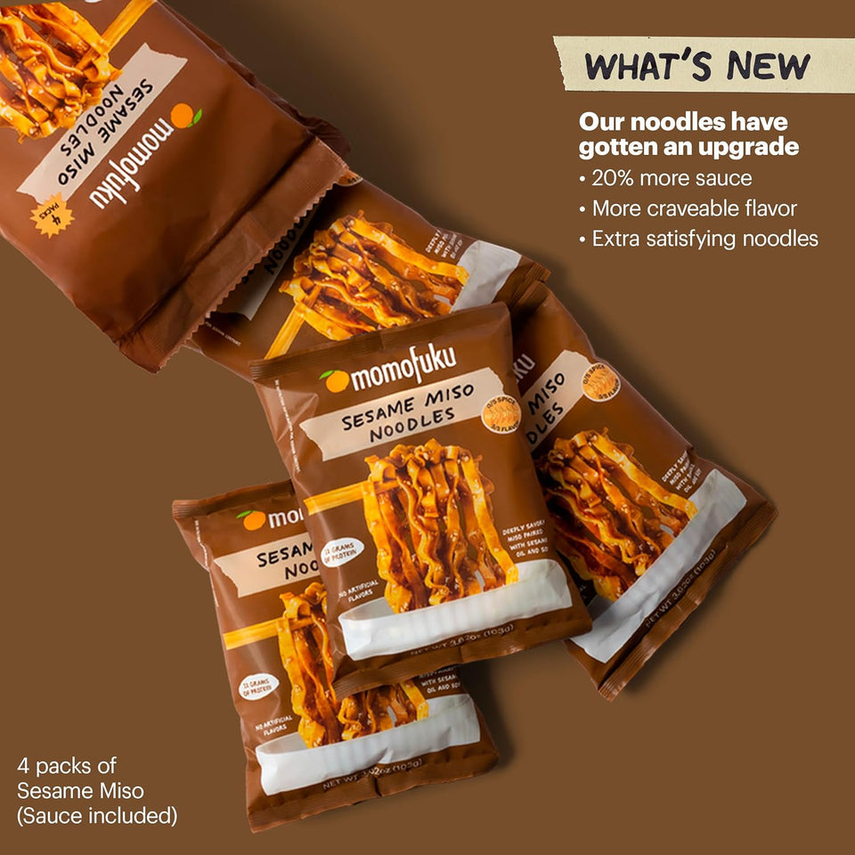 Momofuku sesame miso ramen noodles by David Chang, air-dried instant noodles with sauce, 4 servings, 12g plant based protein
