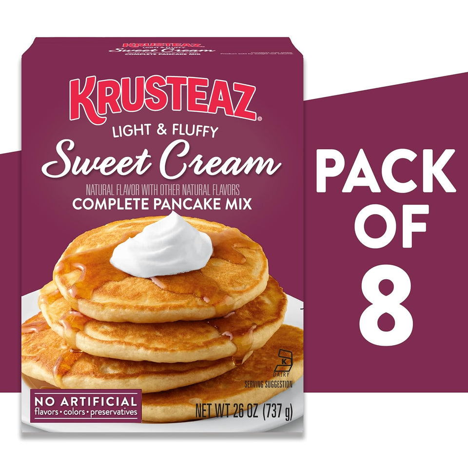 krusteaz sweet cream pancake and waffle mix, 26 oz boxes, light and fluffy, 8-count