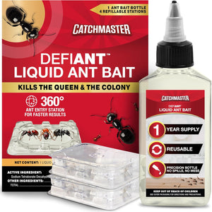 Catchmaster DEFIANT Premium Liquid Ant Killer, 1-Year Supply, Kills the Queen and Colony, No Mess Precision Bottle, Reusable Ant Traps Indoor & Outdoor, Pest Control Traps, Made in USA